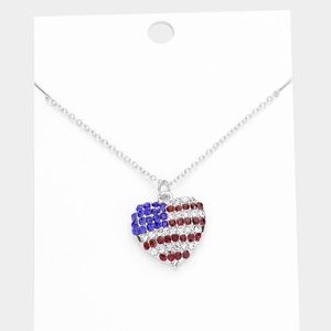Silver red blue Rhinestone American flag heart shaped necklace